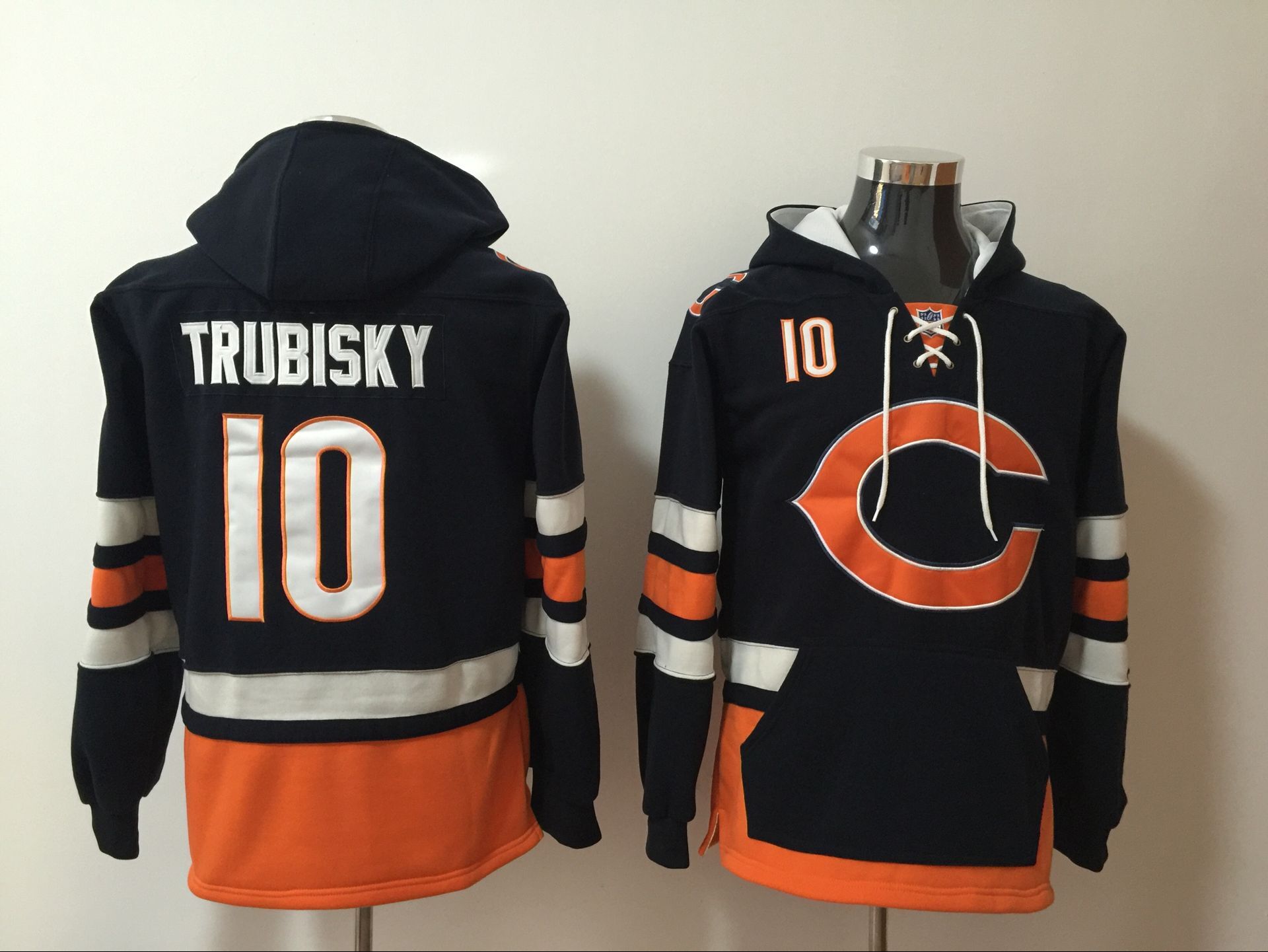 Men's Chicago Bears #10 Mitchell Trubisky Navy All Stitched NFL Hooded Sweatshirt