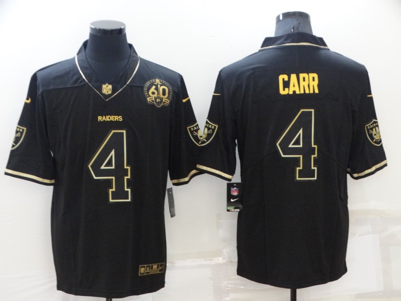 Men's Las Vegas Raiders #4 Derek Carr Black/Gold With 60th Anniversary Patch Vapor Limited Stitched Jersey