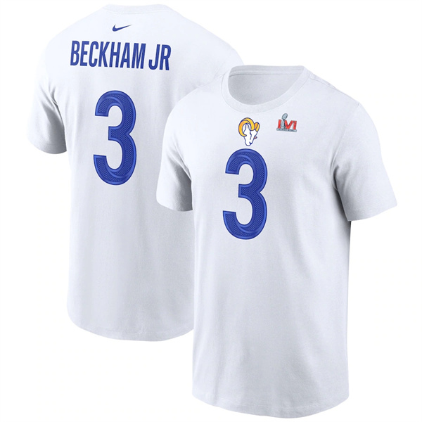 Men's Los Angeles Rams #3 Odell Beckham Jr. 2022 White Super Bowl LVI Champions T-Shirt