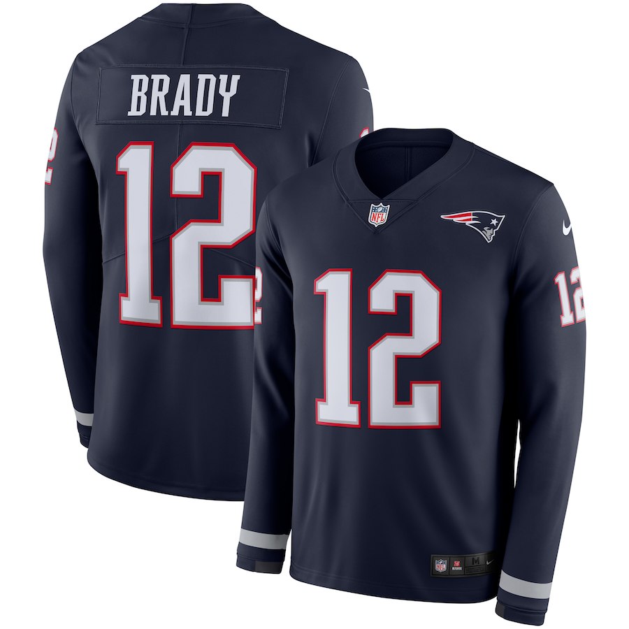 Men's Patriots #12 Tom Brady Navy Therma Long Sleeve Stitched NFL Jersey