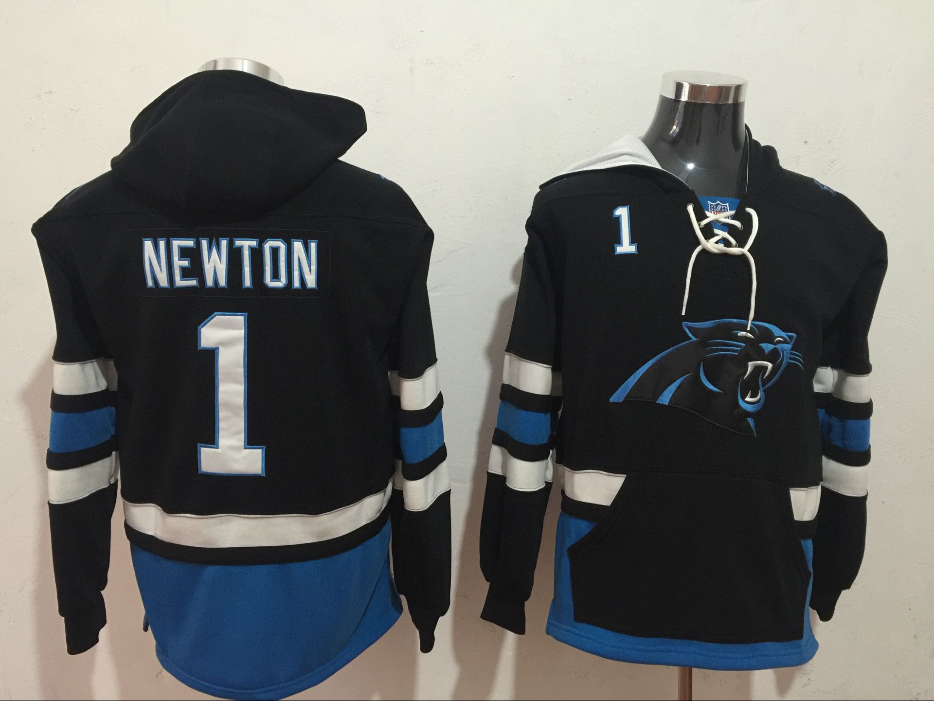 Men's Carolina Panthers #1 Cam Newton Black All Stitched NFL Hoodie Sweatshirt