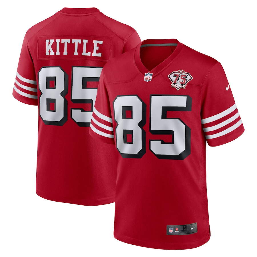 Men's San Francisco 49ers #85 George Kittle Scarlet 2021 75th Anniversary Stitched NFL Game Jersey (Check description if you want Women or Youth size)