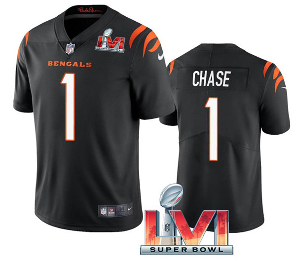 Men's Cincinnati Bengals #1 Ja'Marr Chase Black 2022 Super Bowl LVI Vapor Limited Stitched Jersey