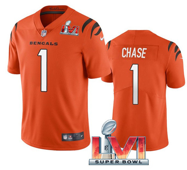 Men's Cincinnati Bengals #1 Ja'Marr Chase Orange 2022 Super Bowl LVI Vapor Limited Stitched Jersey