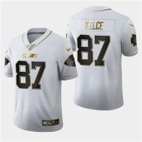 Men's Kansas City Chiefs #87 Travis Kelce White 2019 100th Season Golden Edition Limited Stitched NFL Jersey