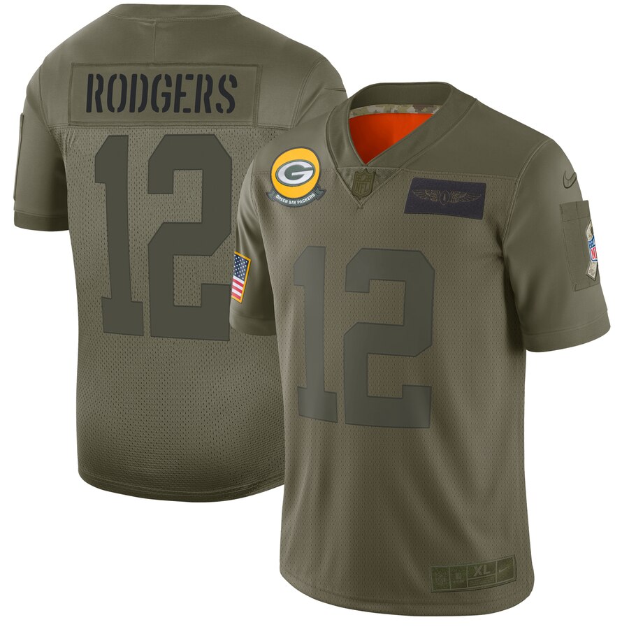 Men's Green Bay Packers #12 Aaron Rodgers 2019 Camo Salute To Service Limited Stitched NFL Jersey.