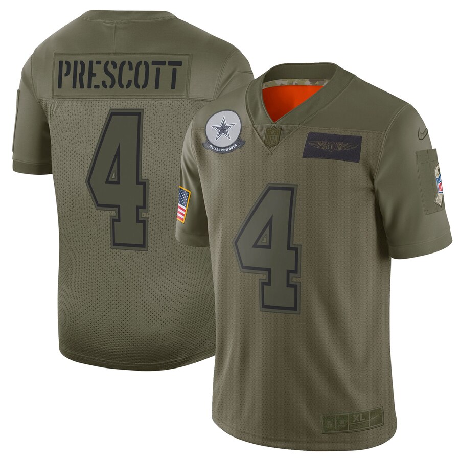 Men's Dallas Cowboys #4 Dak Prescott 2019 Camo Salute To Service Limited Stitched NFL Jersey.