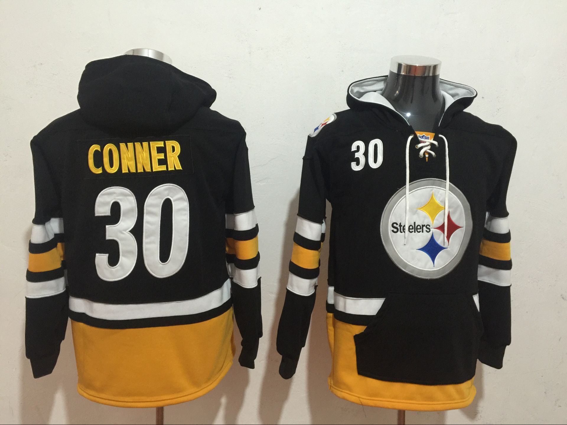 Men's Pittsburgh Steelers #30 James Conner Black All Stitched NFL Hooded Sweatshirt