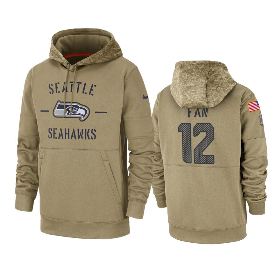 Men's Seattle Seahawks #12 12th Fan Tan 2019 Salute to Service Sideline Therma Pullover Hoodie
