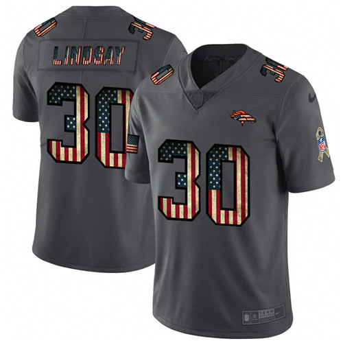 Men's Denver Broncos #30 Phillip Lindsay Grey 2019 Salute To Service USA Flag Fashion Limited Stitched NFL Jersey