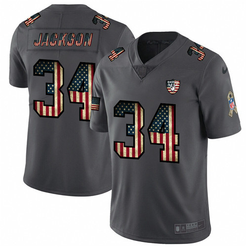 Men's Oakland Raiders #34 Bo Jackson Grey 2019 Salute To Service USA Flag Fashion Limited Stitched NFL Jersey