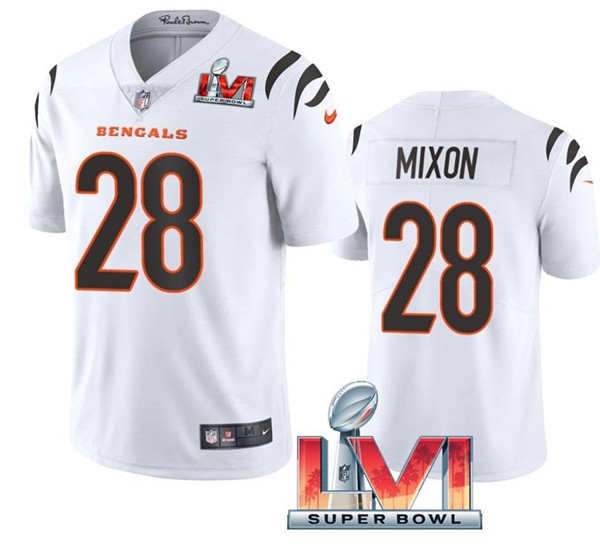 Men's Cincinnati Bengals #28 Joe Mixon White 2022 Super Bowl LVI Vapor Limited Stitched Jersey