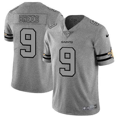 Men's New Orleans Saints #9 Drew Brees 2019 Gray Gridiron Team Logo Limited Stitched NFL Jersey