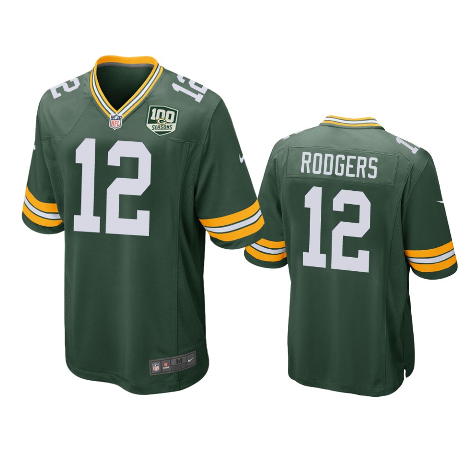 Men's Green Bay Packers #12 Aaron Rodgers Green 2019 100th Season NFL Game Jersey