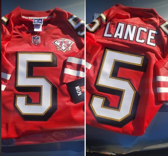Men's San Francisco 49ers #5 Trey Lance 2021 75th Anniversary Red Throwback NFL Stitched Jersey (Check description if you want Women or Youth size)