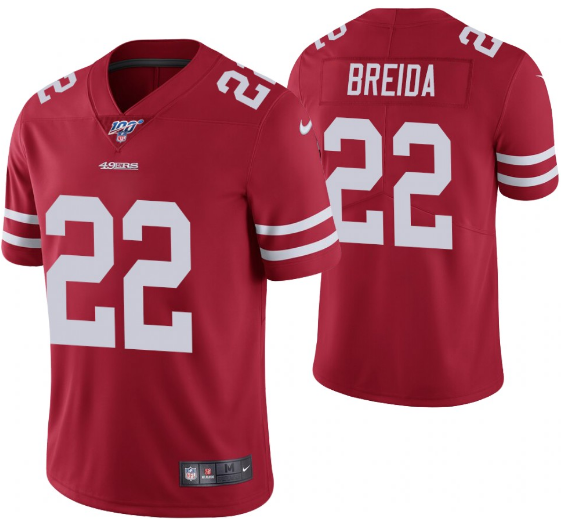 Men's San Francisco 49ers #22 Matt Breida Red 2019 100th Season Vapor Untouchable Limited Stitched NFL Jersey