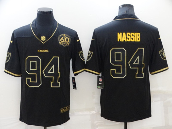Men's Las Vegas Raiders #94 Carl Nassib Black/Gold With 60th Anniversary Patch Vapor Limited Stitched Jersey