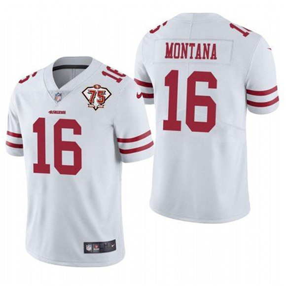 Men's San Francisco 49ers #16 Joe Montana White 2021 75th Anniversary Vapor Untouchable Limited Stitched NFL Jersey (Check description if you want Women or Youth size)