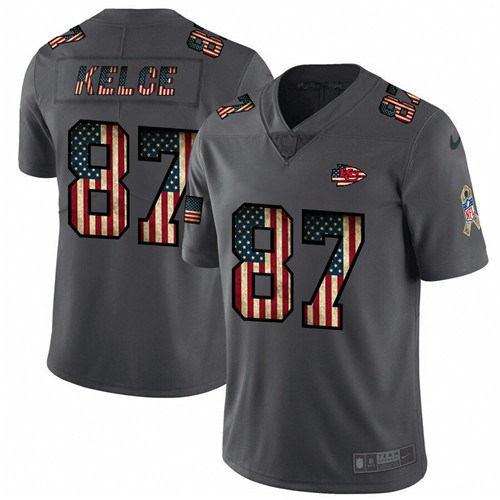 Men's Kansas City Chiefs #87 Travis Kelce Grey 2019 Salute To Service USA Flag Fashion Limited Stitched NFL Jersey