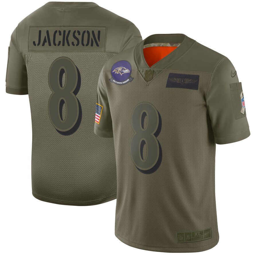 Men's Baltimore Ravens #8 Lamar Jackson 2019 Camo Salute To Service Stitched NFL Jersey.