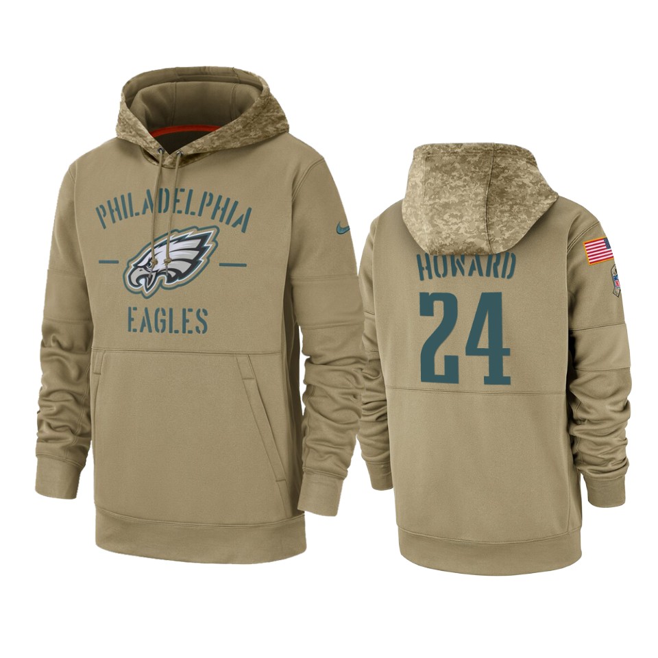 Men's Philadelphia Eagles #24 Jordan Howard Tan 2019 Salute to Service Sideline Therma Pullover Hoodie