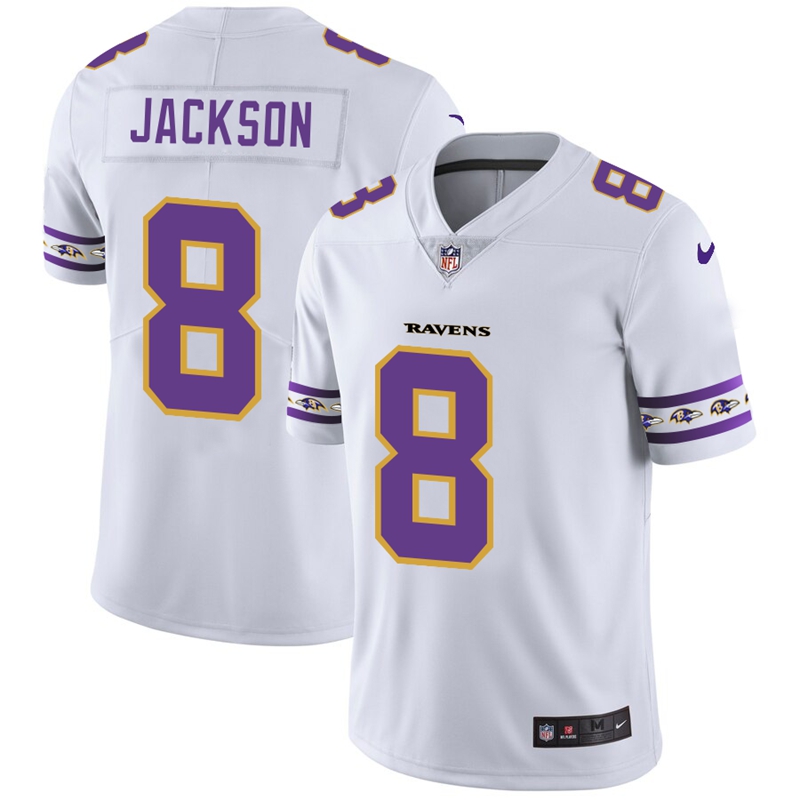 Men's Baltimore Ravens #8 Lamar Jackson White 2019 Team Logo Cool Edition Stitched NFL Jersey