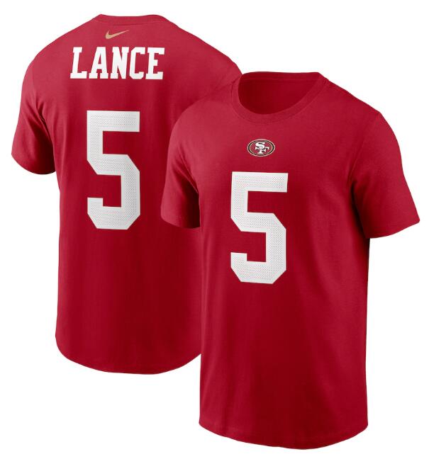 Men's San Francisco 49ers #5 Trey Lance 2021 Scarlet NFL Draft First Round Pick Player Name & Number NFL T-Shirt