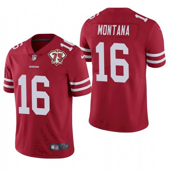 Men's San Francisco 49ers #16 Joe Montana Red 2021 75th Anniversary Vapor Untouchable Limited Stitched NFL Jersey (Check description if you want Women or Youth size)