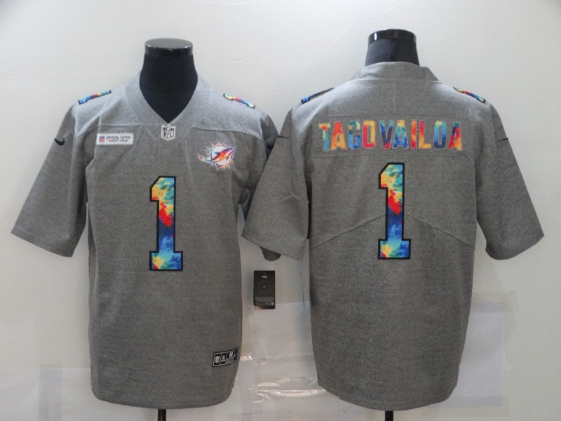 Men's Miami Dolphins #1 Tua Tagovailoa Aqua 2020 Grey Crucial Catch Limited Stitched NFL Jersey