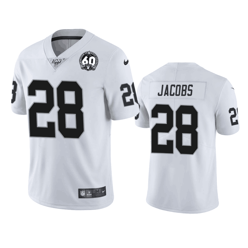Men's Oakland Raiders #28 Josh Jacobs White 60th Anniversary Vapor Limited Stitched NFL 100th Season Jersey