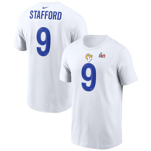 Men's Los Angeles Rams #9 Matthew Stafford 2022 White Super Bowl LVI Champions T-Shirt
