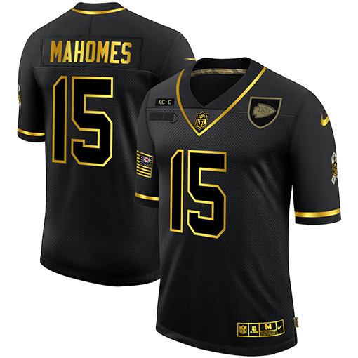Men's Kansas City Chiefs #15 Patrick Mahomes Black/Gold Salute To Service Limited Stitched NFL Jersey