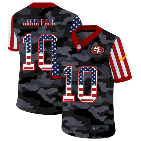 Men's San Francisco 49ers #10 Jimmy Garoppolo 2020 Camo USA Flag Limited Stitched NFL Jersey