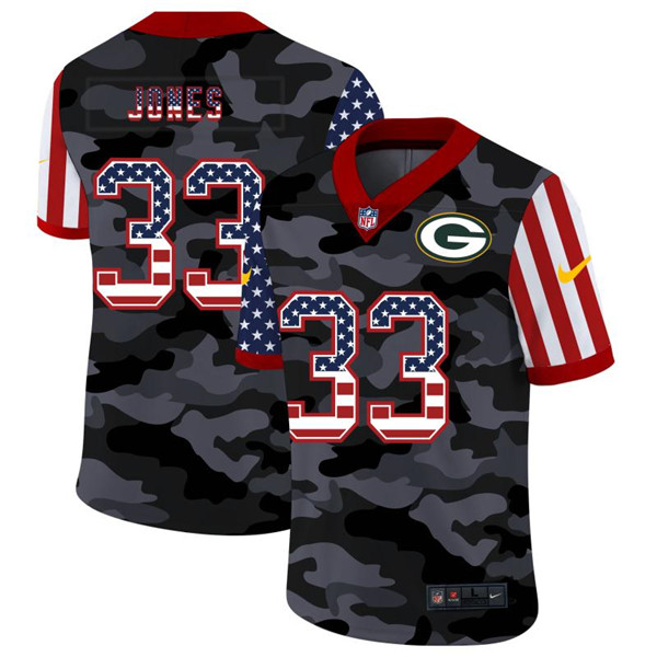 Men's Green Bay Packers #33 Aaron Jones 2020 Camo USA Flag Limited Stitched NFL Jersey