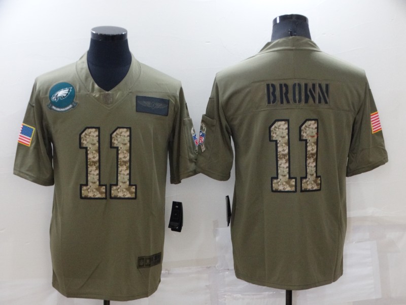 Men's Philadelphia Eagles #11 A. J. Brown Olive/Camo Salute To Service Limited Stitched Jersey