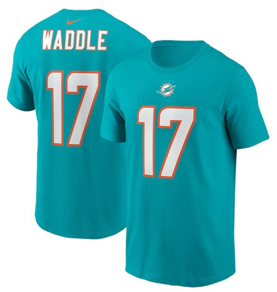 Men's Miami Dolphins #17 Jaylen Waddle 2021 Aqua NFL Draft First Round Pick Player Name & Number NFL T-Shirt