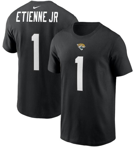 Men's Jacksonville Jaguars #1 Travis Etienne JR 2021 Black NFL Draft First Round Pick Player Name & Number NFL T-Shirt