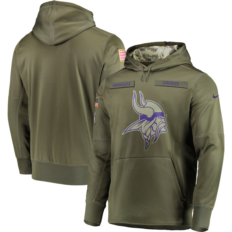Men's Minnesota Vikings 2018 Olive Salute to Service Sideline Therma Performance Pullover Stitched NFL Hoodie