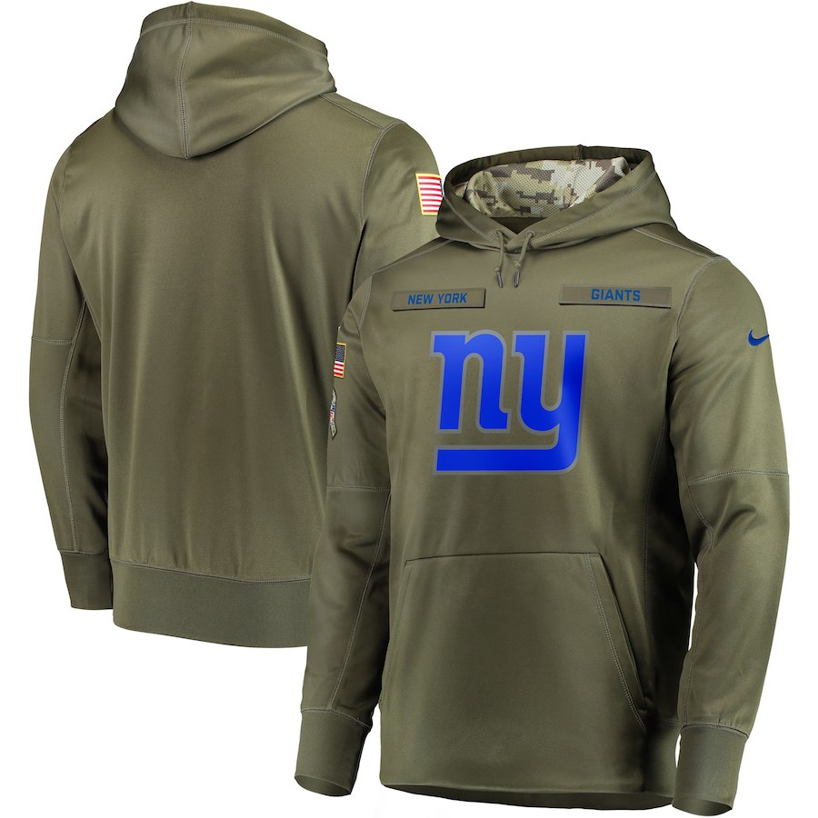Men's New York Giants 2018 Olive Salute to Service Sideline Therma Performance Pullover Stitched NFL Hoodie