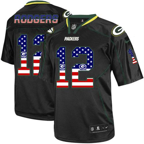 Men's Nike Packers #12 Aaron Rodgers Black USA Flag Fashion Elite Stitched Jersey