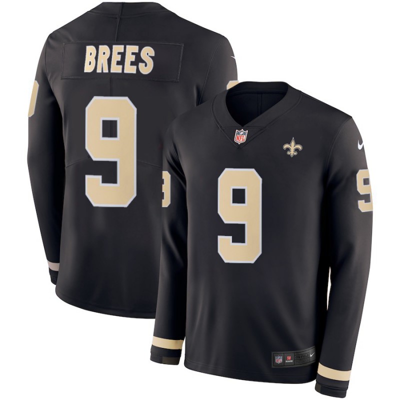 Men's New Orleans Saints #9 Drew Brees Black Therma Long Sleeve Stitched NFL Jersey