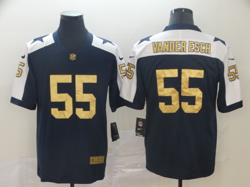 Men's Dallas Cowboys #55 Leighton Vander Esch Navy Blue Thanksgiving Throwback Gold Limited Stitched NFL Jersey