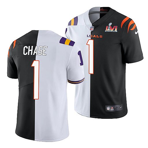 Men's Cincinnati Bengals #1 Ja'Marr Chase 2022 White/Black Split Super Bowl LVI Stitched Jersey