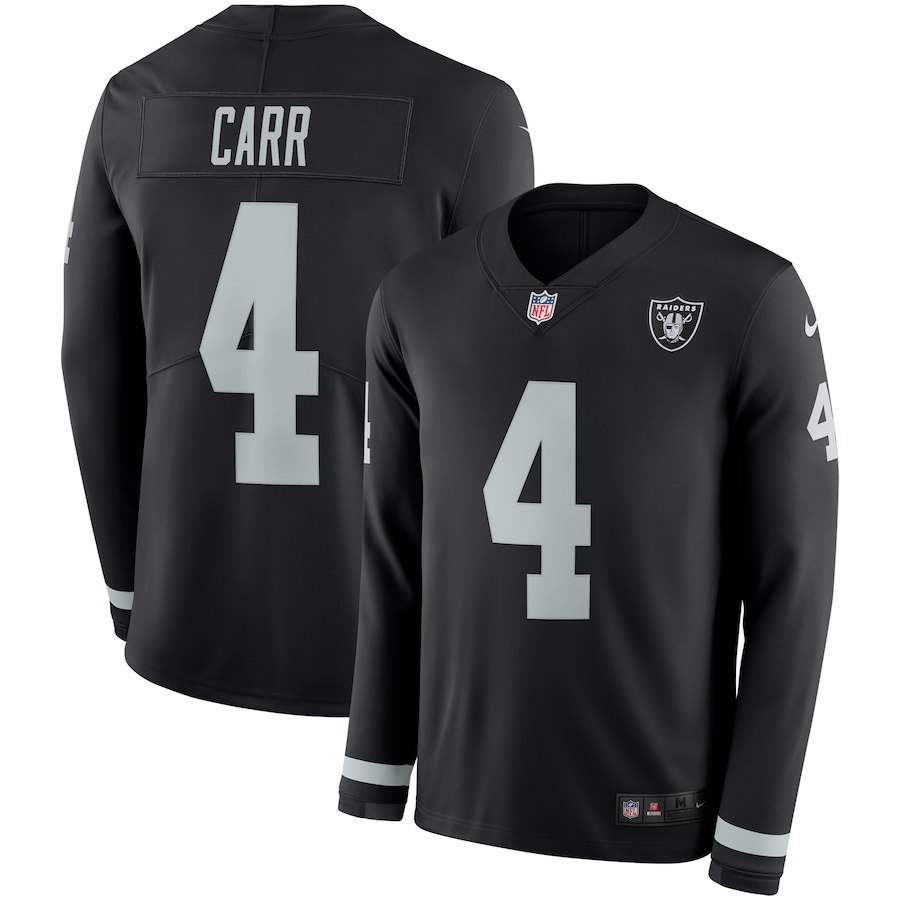 Men's Raiders #4 Derek Carr Black Therma Long Sleeve Stitched NFL Jersey