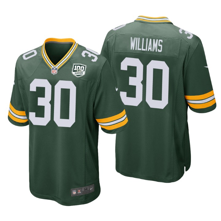 Men's Green Bay Packers #30 Jamaal Williams Green 2019 100th Season NFL Game Jersey