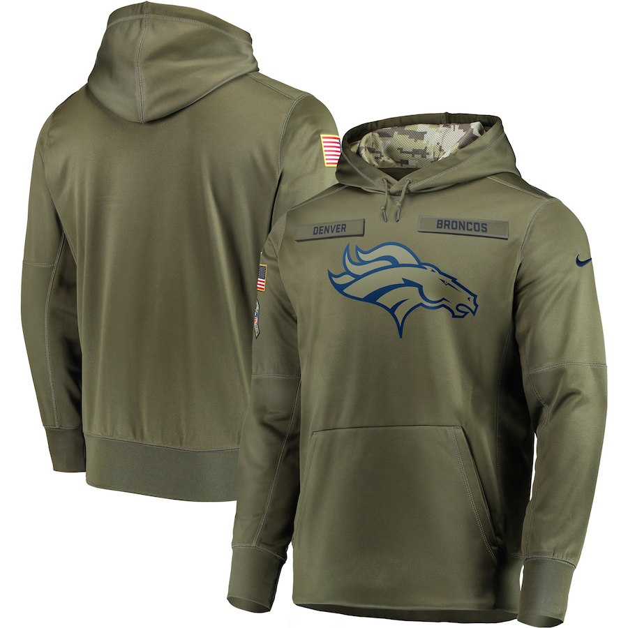 Men's Denver Broncos 2018 Olive Salute to Service Sideline Therma Performance Pullover Stitched NFL Hoodie