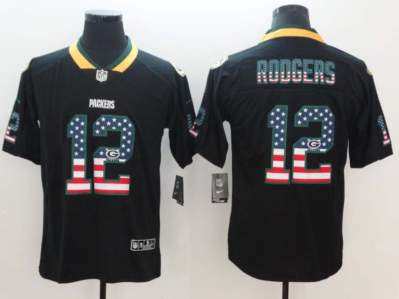 Men's Packers #12 Aaron Rodgers 2018 Black USA Flag Color Rush Limited Fashion NFL Stitched Jersey