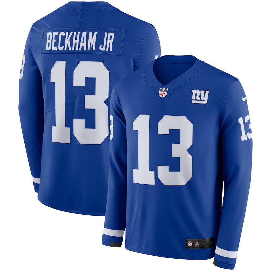 Men's Giants #13 Odell Beckham Jr. Royal Therma Long Sleeve Stitched NFL Jersey