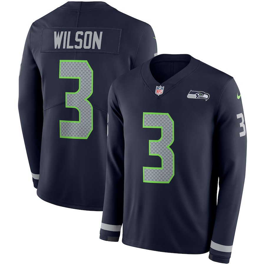 Men's Seattle Seahawks #3 Russell Wilson Navy Therma Long Sleeve Stitched NFL Jersey