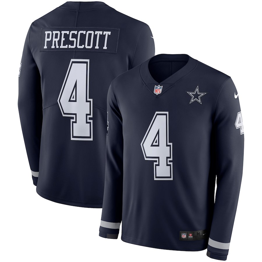 Men's Cowboys #4 Dak Prescott Navy Therma Long Sleeve Stitched NFL Jersey